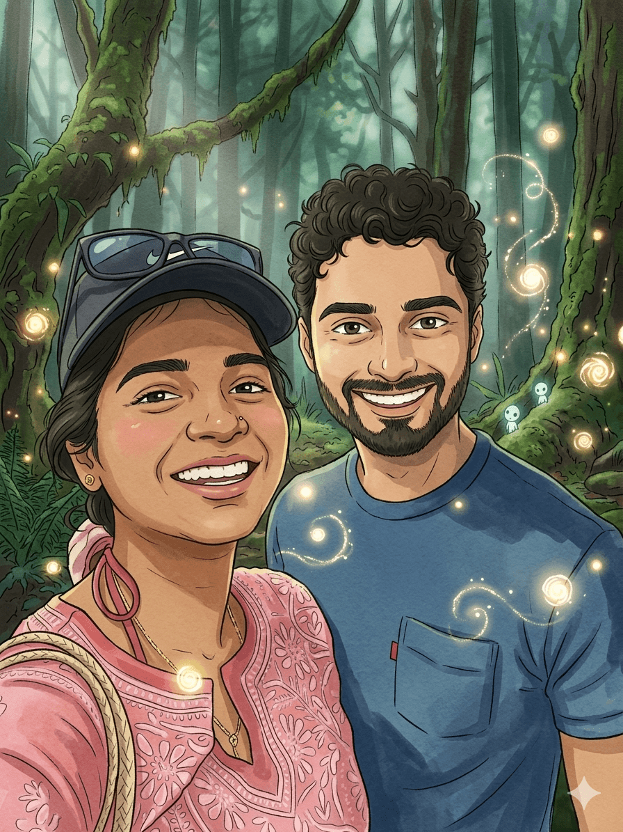 Heramb and Anuja in an enchanted forest portrait